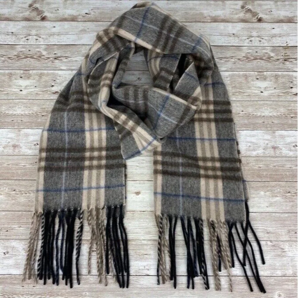Enzo Montavani Cashmere & Wool Plaid Scarf Unisex Neutral Preppy Casual Fringe
